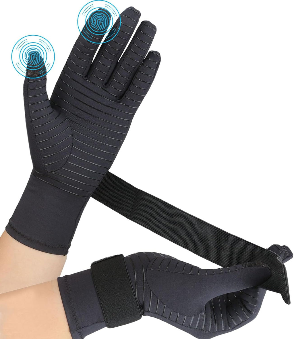 Copper Arthritis Gloves for Women Men, Full Finger Compression Gloves for Arthritis, Carpal Tunnel, Pain Relief, Swelling, Rheumatoid, Typing, Adjustable Wrist Strap (1pair, Small/Medium)