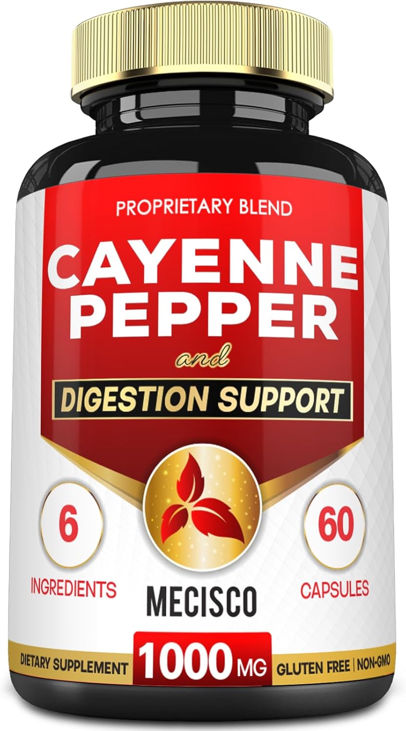 Mecisco 6in1 Cayenne Pepper Capsules with Ginger Root, Beet Root, and Black Pepper and More - 60 Capsules - Cayenne Supplement Supports Digestion System, Immunity