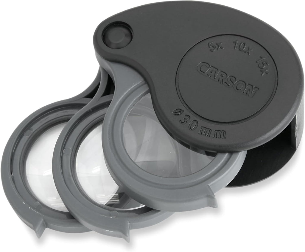 Carson TriView 5x/10x/15x Folding Loupe Magnifier with Built-in Case, 3-in-1 Portable Loupe Magnifying Glass - Adjustable Magnification, Great for Jewelry (TV-15)