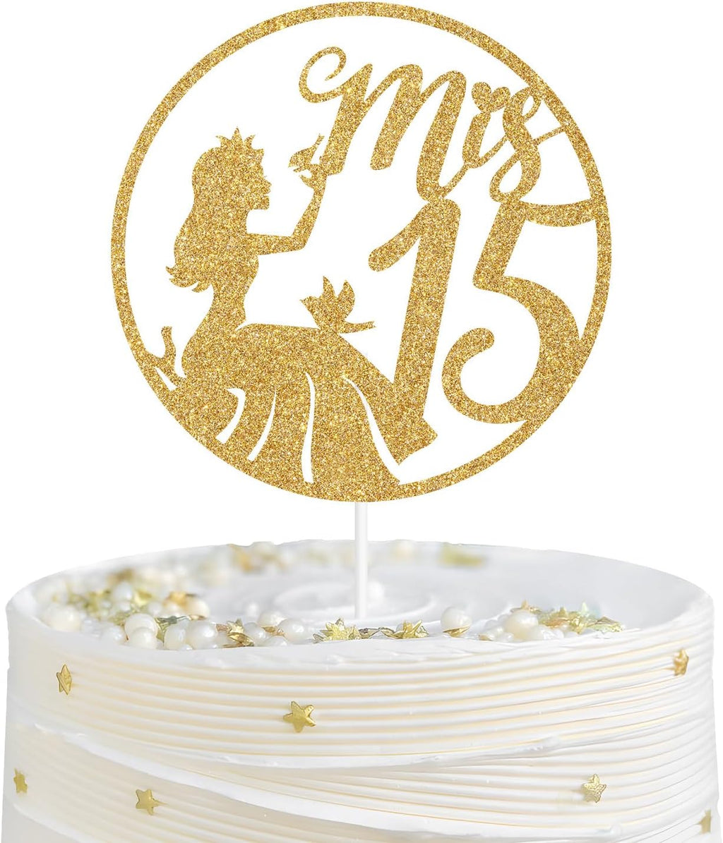 Spanish Mis 15 Cake Topper, Mis Quince Años, Mis Quince, 15th Birthday Cake Topper, Hello 15, Happy 15th Birthday Party Decorations for Girls, Gold Glitter