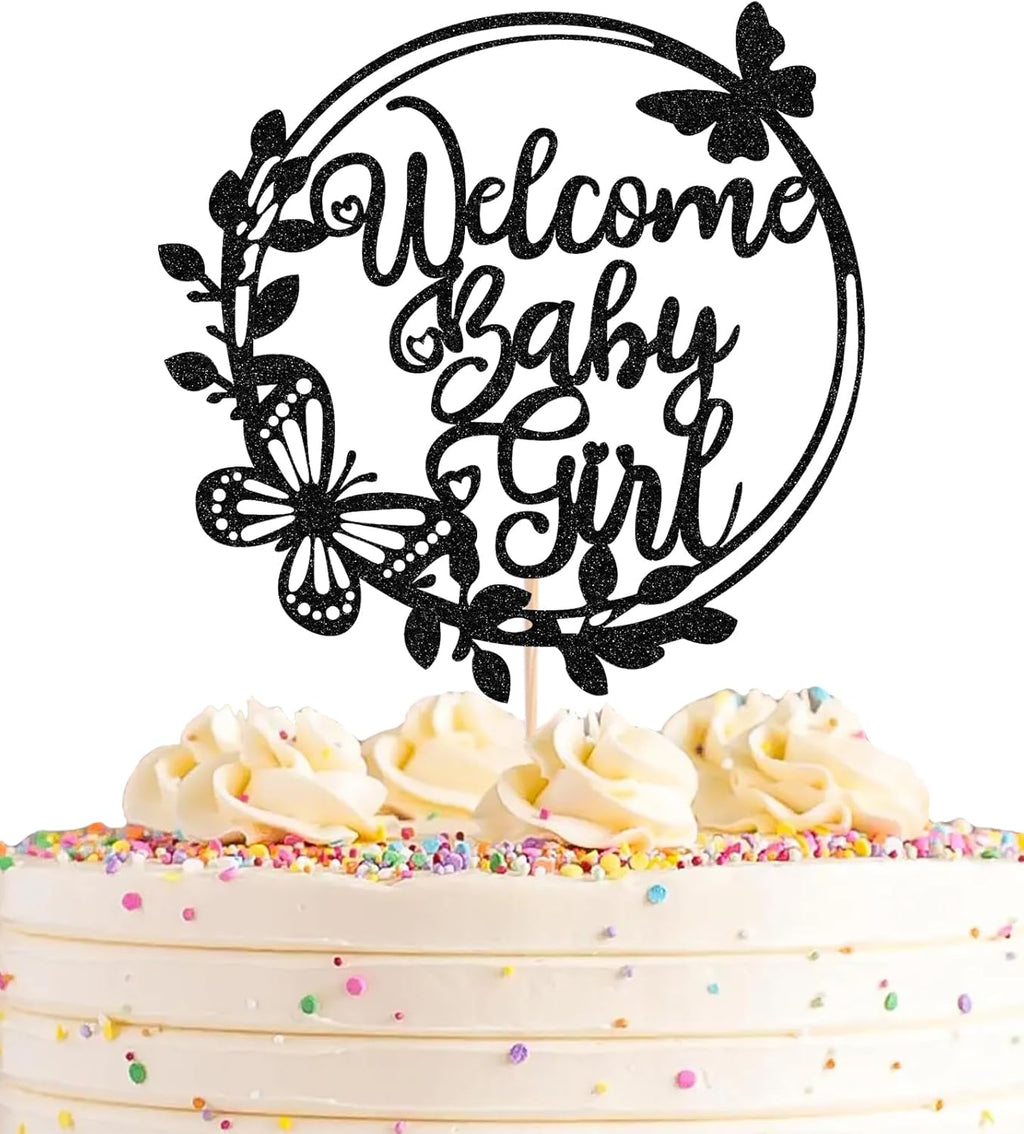 Welcome Baby Girl Cake Topper - Black Glitter Baby Shower Cake Decorations, Baby Girl Cake Decor, for Baby Shower/Birthday Party/Gender Reveal Party Photo Booth Props