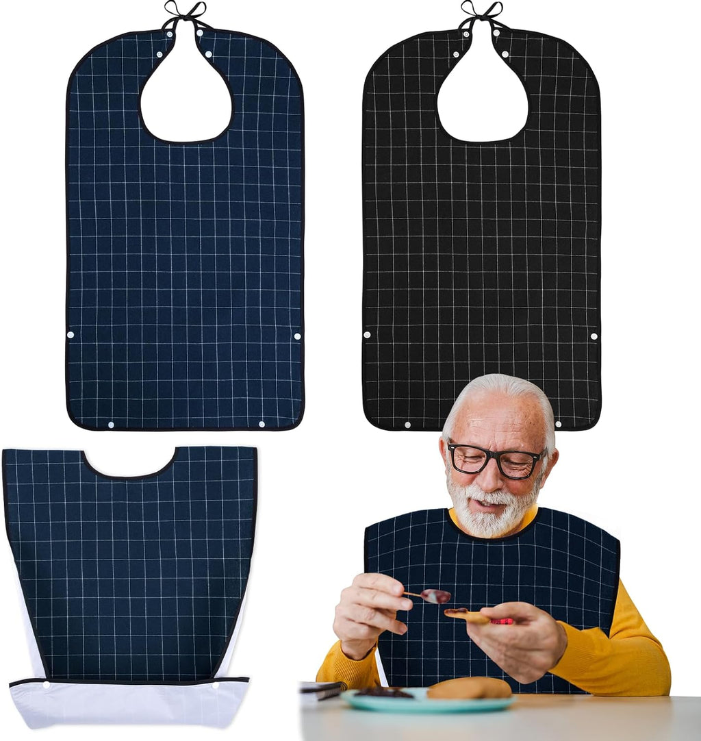 XKDOUS 2pcs Adult Bibs For Men Washable, Reusable Waterproof Large Bibs For Adult, Clothing Protector With Crumb Catcher, Blue & Black Bibs For Eating, Feeding Elderly Senior Citizens Gifts