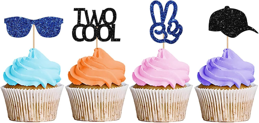 Two Cool Cupcake Toppers, Baby 2nd Birthday Party Decor for Boys, Sunglasses Sign Dessert Picks, Two Years Old Birthday Party Decoration - Blue & Black Glitter