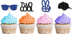 Two Cool Cupcake Toppers, Baby 2nd Birthday Party Decor for Boys, Sunglasses Sign Dessert Picks, Two Years Old Birthday Party Decoration - Blue & Black Glitter