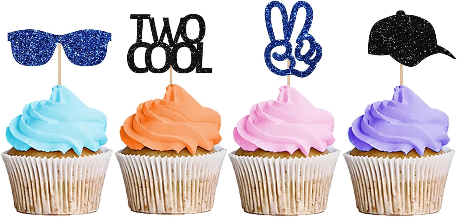 Two Cool Cupcake Toppers, Baby 2nd Birthday Party Decor for Boys, Sunglasses Sign Dessert Picks, Two Years Old Birthday Party Decoration - Blue & Black Glitter
