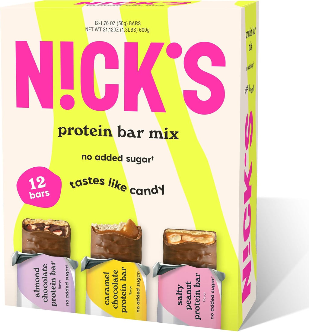 Nick's Protein Bars Variety Pack, Protein-Packed Snack, Low Calories, Low Carb Keto Friendly Snacks No Added Sugar, Salty Peanut, Chocolate Caramel and Almond Chocolate (12 Pack)