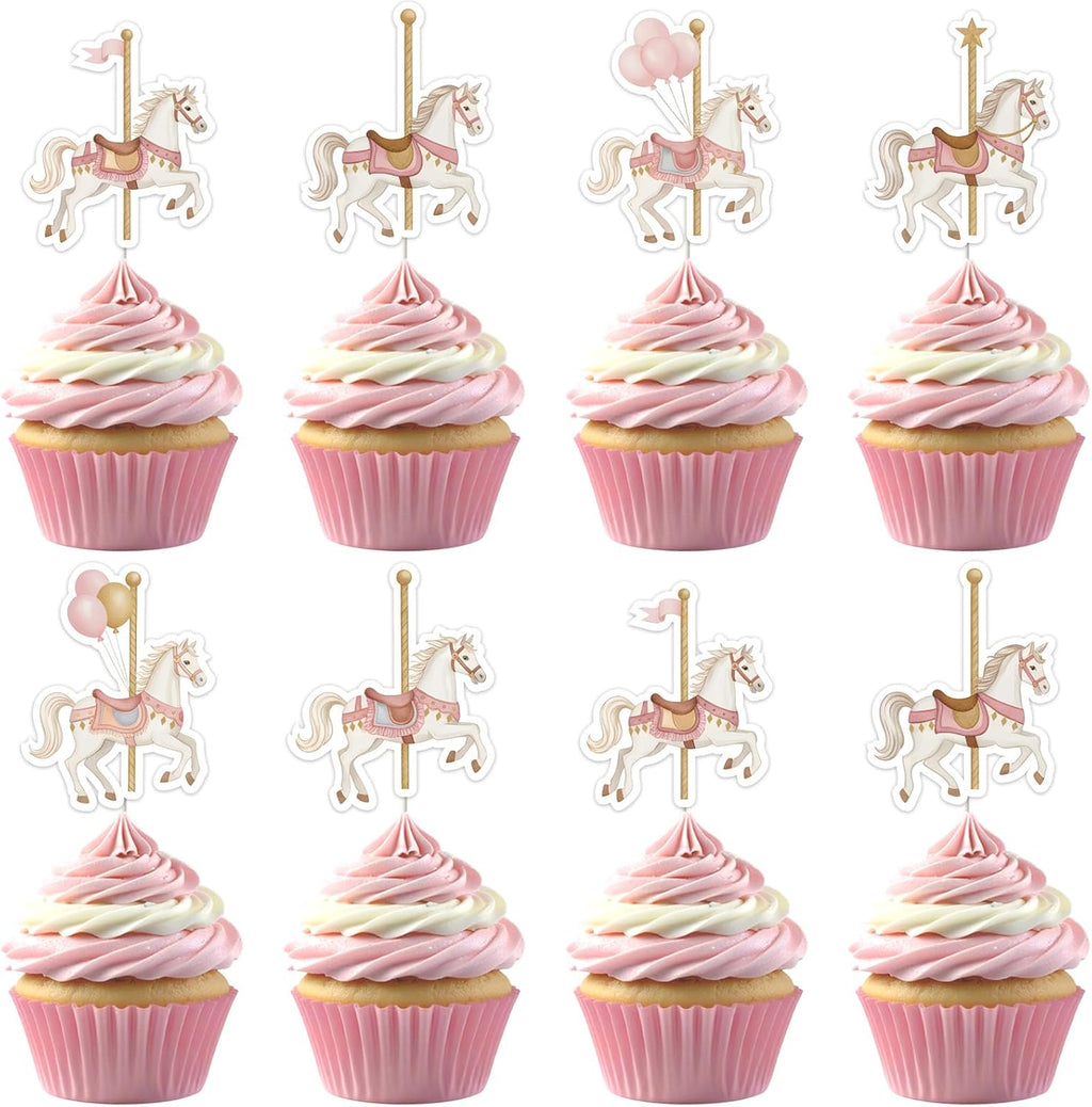 36pcs Carousel Horses Cupcake Toppers, Carnival Merry-Go-Round Theme Cake Decorations Double-sided Printed for Girls Carousal Horse Carnival Circus Birthday Party