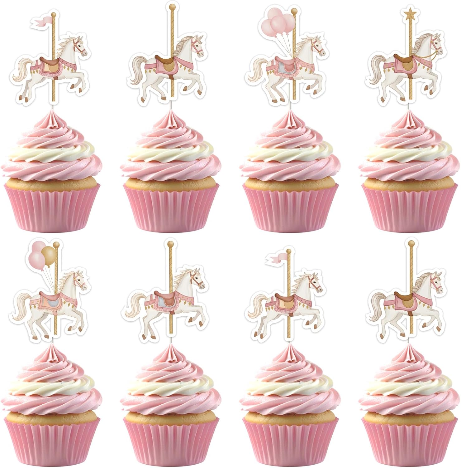 36pcs Carousel Horses Cupcake Toppers, Carnival Merry-Go-Round Theme Cake Decorations Double-sided Printed for Girls Carousal Horse Carnival Circus Birthday Party