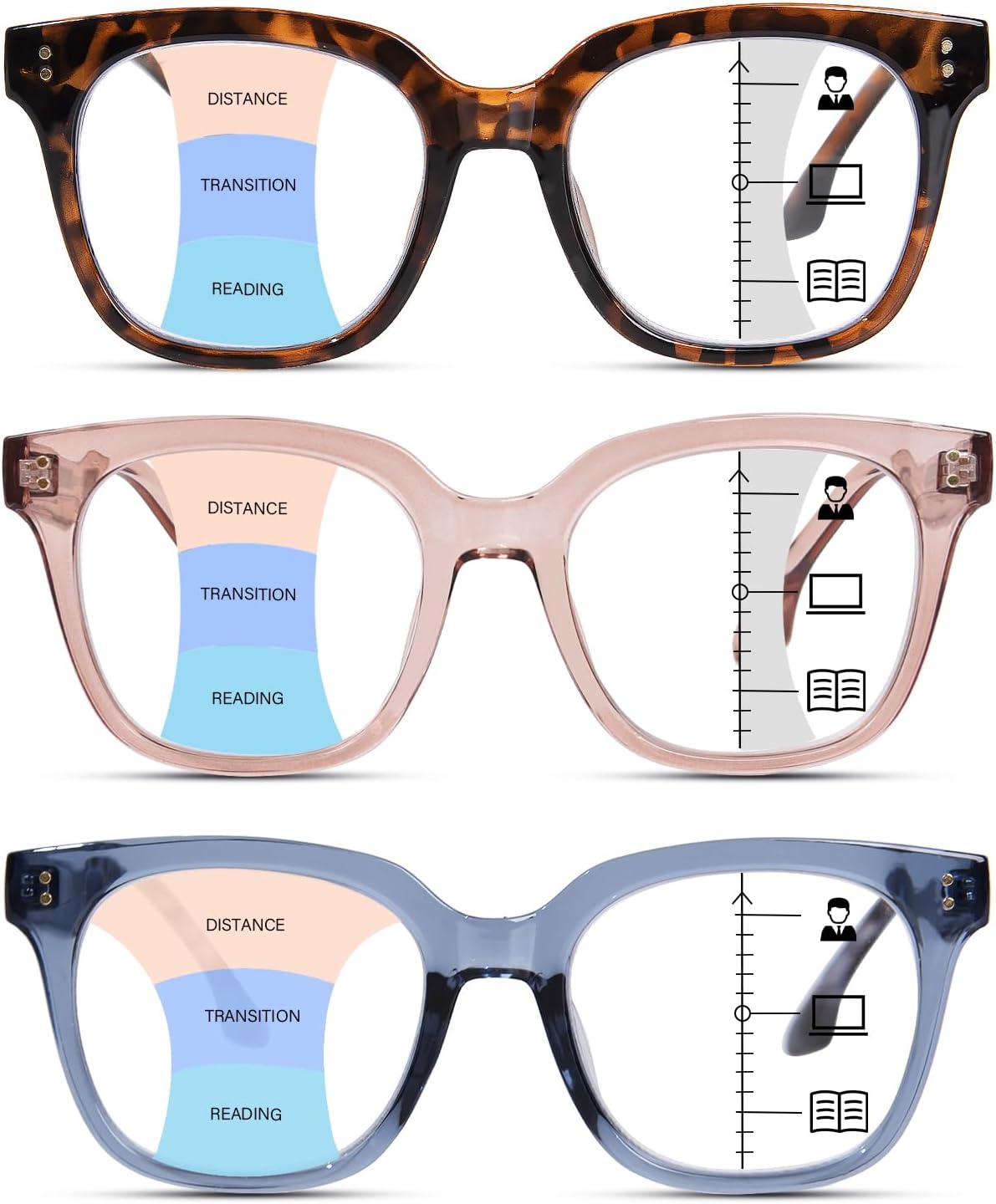 Progressive Multifocus Reading Glasses for Women Men Oversized Anti Blue Light Blocking Readers Square Eyeglasses
