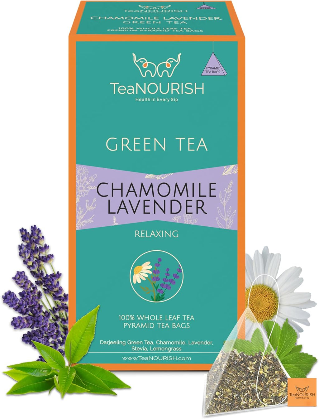 TeaNOURISH Chamomile Lavender Green Tea | 20 Count Pyramid Tea Bags | Whole Leaf Tea | Calming & Relaxing Chamomile Sleep Tea | Bedtime Tea | 100% NATURAL INFUSION