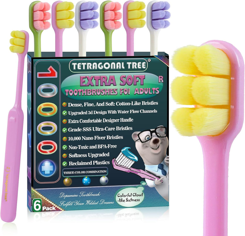 6 Count Ultra-Soft Toothbrush for Sensitive Gums – 10,000 Extra-Gentle Bristles for Adults, Pregnancy, Braces & Elderly, Gum Care, Individually Wrapped with Travel Case (Colors May Vary)