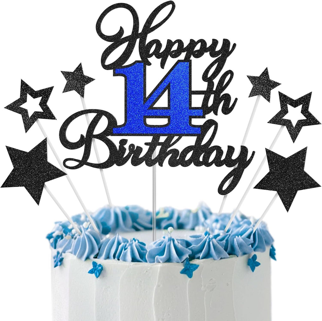 14th Birthday Cake Topper, Black Blue Happy 14th Birthday Cake Toppers for Boy Girl, 14 Years Old Birthday Party Supplies, Glitter Cake Decor, 14th Birthday Cake Decorations