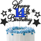 14th Birthday Cake Topper, Black Blue Happy 14th Birthday Cake Toppers for Boy Girl, 14 Years Old Birthday Party Supplies, Glitter Cake Decor, 14th Birthday Cake Decorations