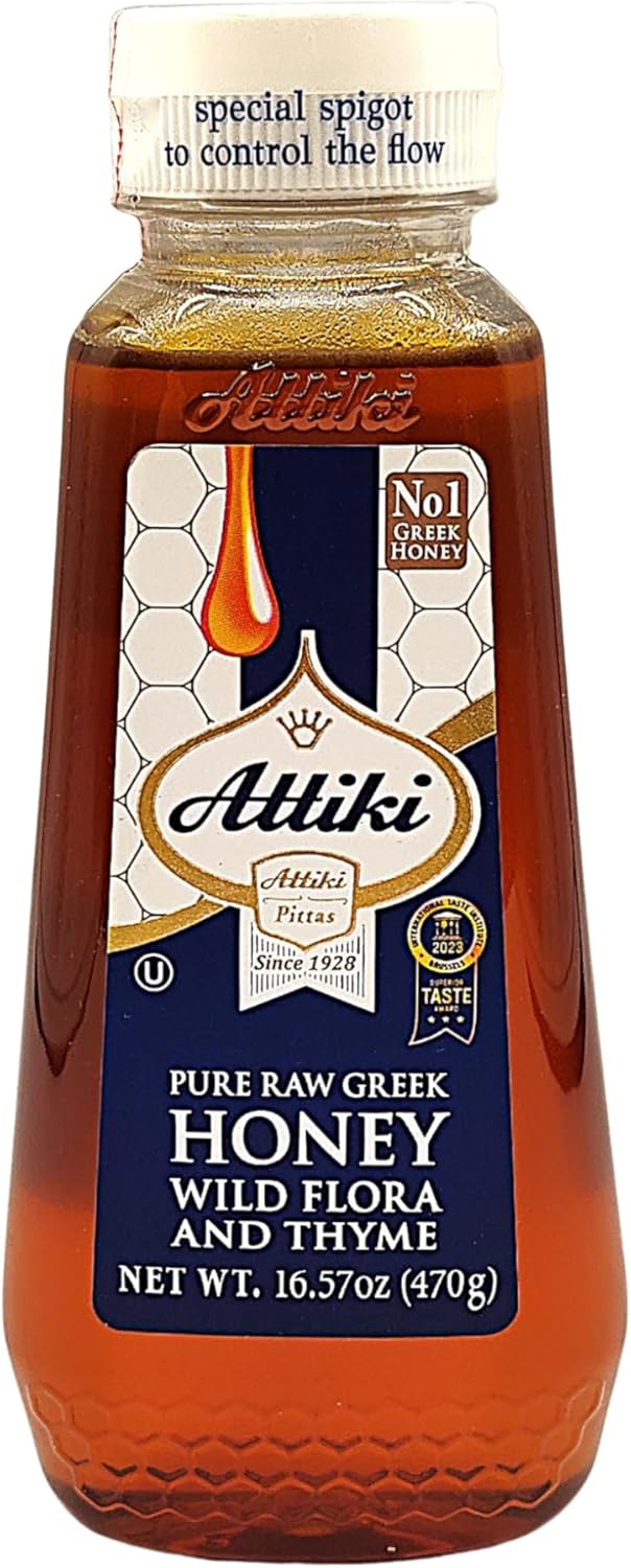 Attiki Pure Greek Honey with Thyme, Wild Flowers and Herbs, Perfect for Baking, Cooking, Lemonade and Tea, 16.58 oz (470 grams), Bottle