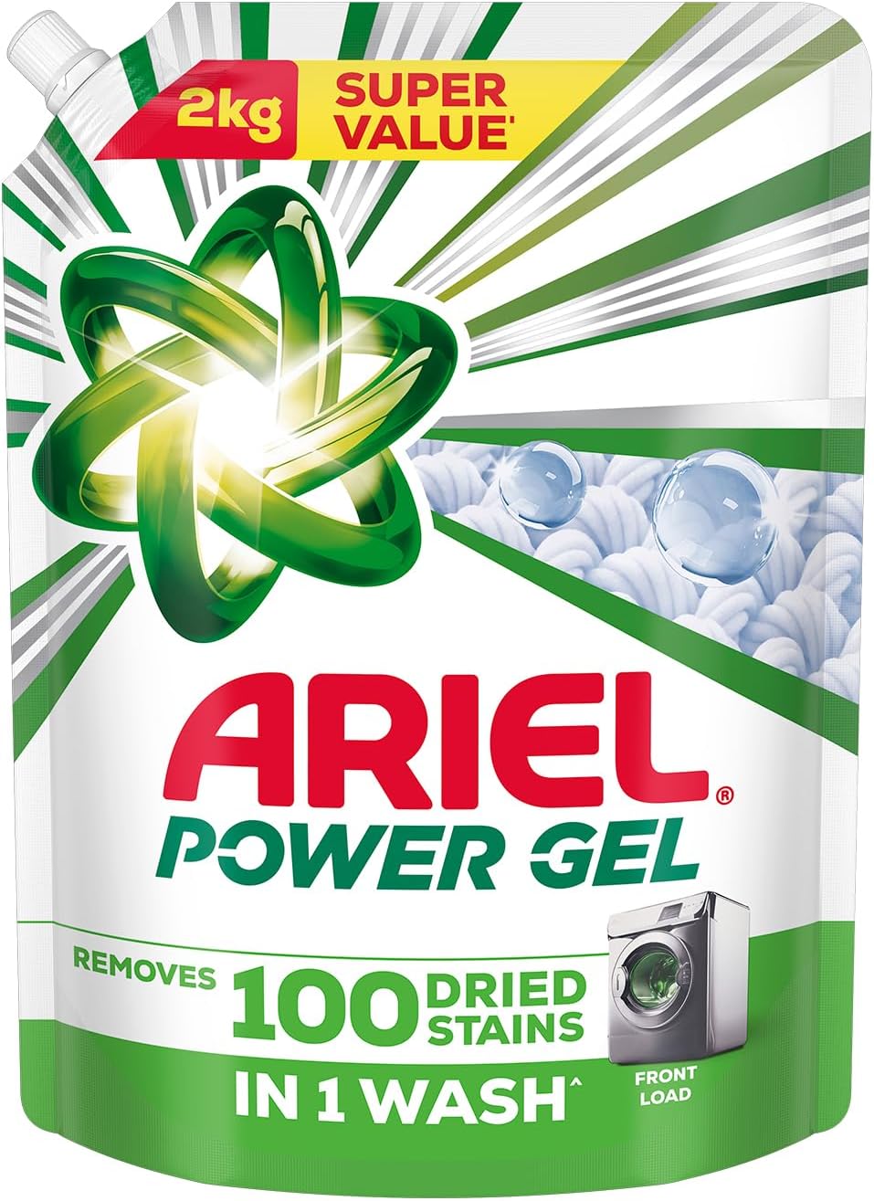 Ariel Power Gel Liquid Detergent for Front Load – 2Kg | Removes 100 Dried Stains in 1 Wash | Faster Dissolving | Long-Lasting Fragrance | Color Protection | At the price of Powders
