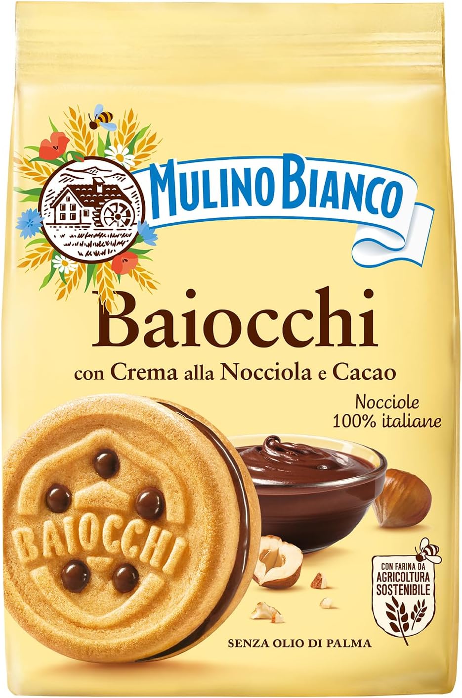 Mulino Bianco Baiocchi 9.17oz (260g) – Italy’s #1 Cookie Made with Natural Ingredients – Authentic Italian Biscuits Filled with Chocolate Hazelnut Cream – Perfect with Coffee or Tea