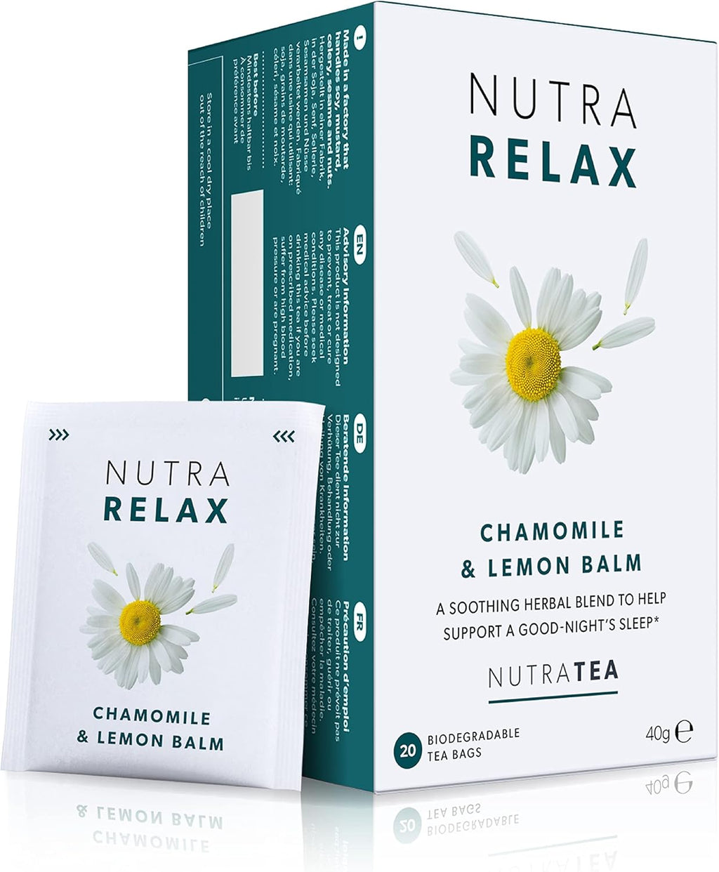 Nutra Tea NUTRARELAX - Sleep Tea | Stress Relief Tea | Calming Teas – For Relieving Stress & A Good Night’s Sleep – Includes Chamomile, Lemon Balm and Passionflower - 40 Individually Wrapped Bags - Herbal Teas (2 Pack)