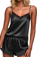 Ekouaer Satin Pajamas for Women Silky Lingerie Lace Camisole and Ruffle Shorts Set 2 Piece Nightwear S-XXL