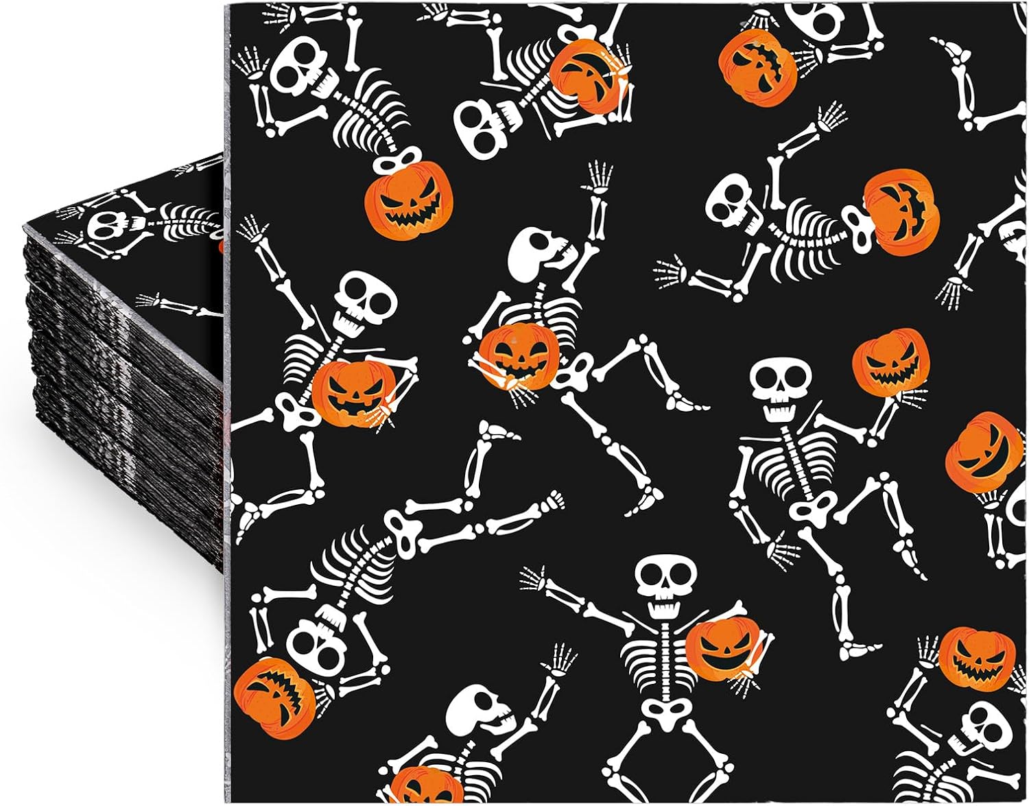 Whaline Halloween Paper Napkins Skeleton Pumpkin Luncheon Napkin Black Disposable Dessert Dinner Hand Napkin for Home Kitchen Restaurant Party Supplies, 50 Pcs