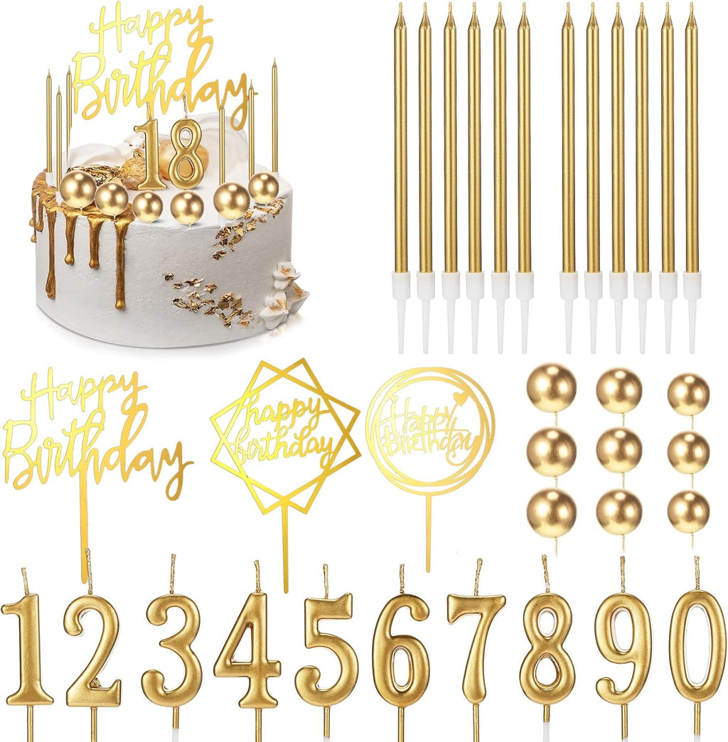 Yerliker 34 Pcs Happy Birthday Cake Toppers Decorations Birthday Candles DIY Cake Decor for Men Women Wedding Anniversary(Gold)