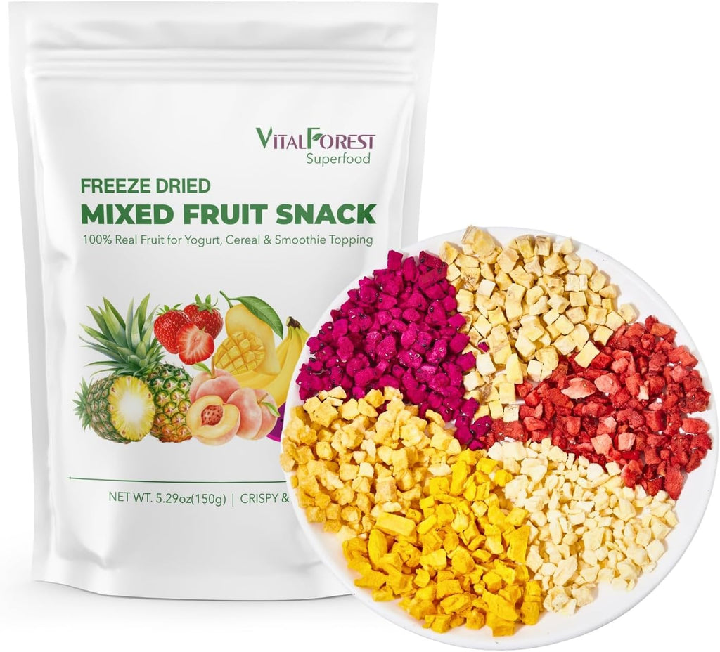 5.29oz Freeze Dried Mixed Fruits - 100% Real Crunchy Mixed Dehydrated Fruit Cubes with Strawberry, Dragon Fruit, Peach, Mango, Banana & Pineapple, Natural Healthy Dried Fruits Snacks, Yogurt & Cereal Topping