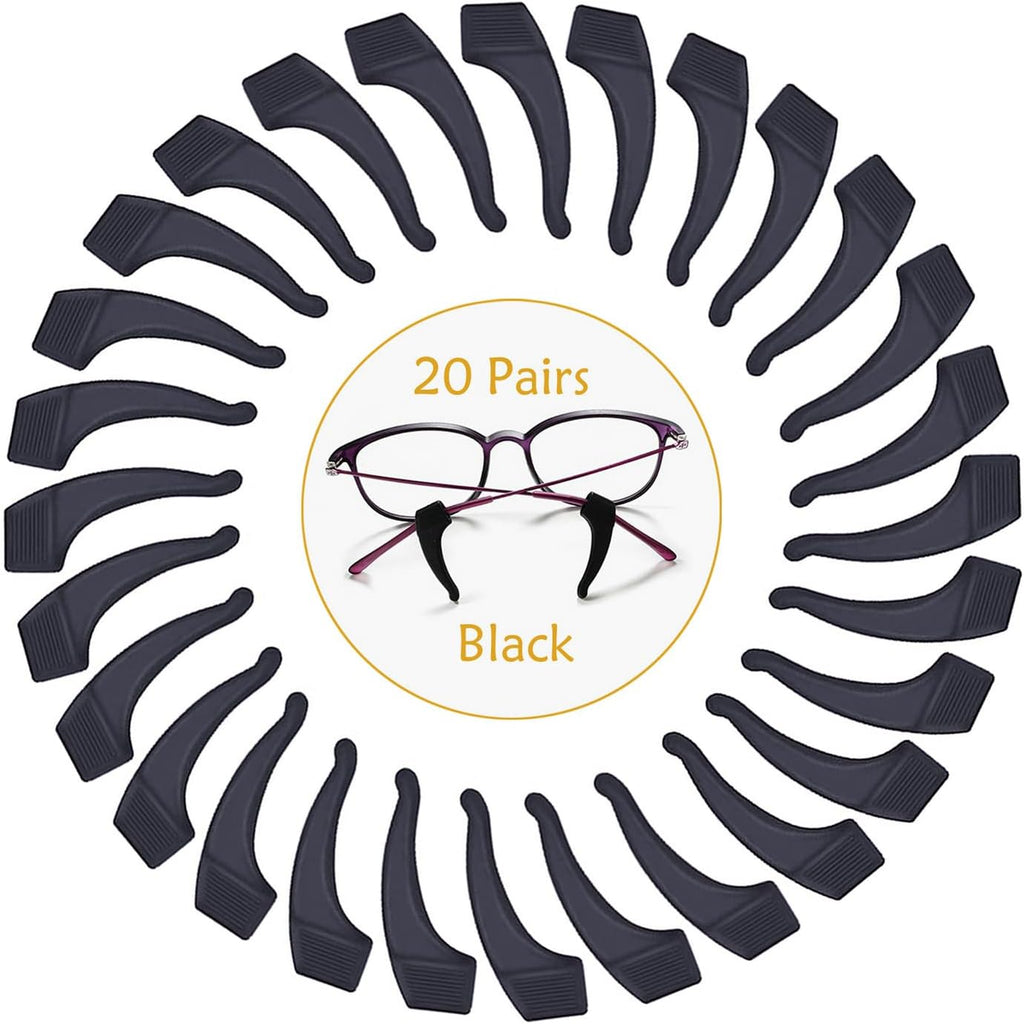 YINGFENG 20 Pairs Black Glasses Ear Grip, Comfortable Silicone Elastic Eyeglasses Temple Tips Sleeve Retainer, Silicone Ear Hook - for Eyewear Glasses, Sports Eyeglasses