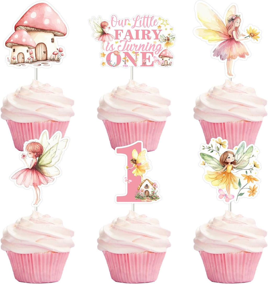 36Pcs Fairy 1st Birthday Cupcake Toppers, Our Little Fairy Is Turning One Floral Garden Theme Cupcake Picks Cake Decorations First Bday Supplies for Girls