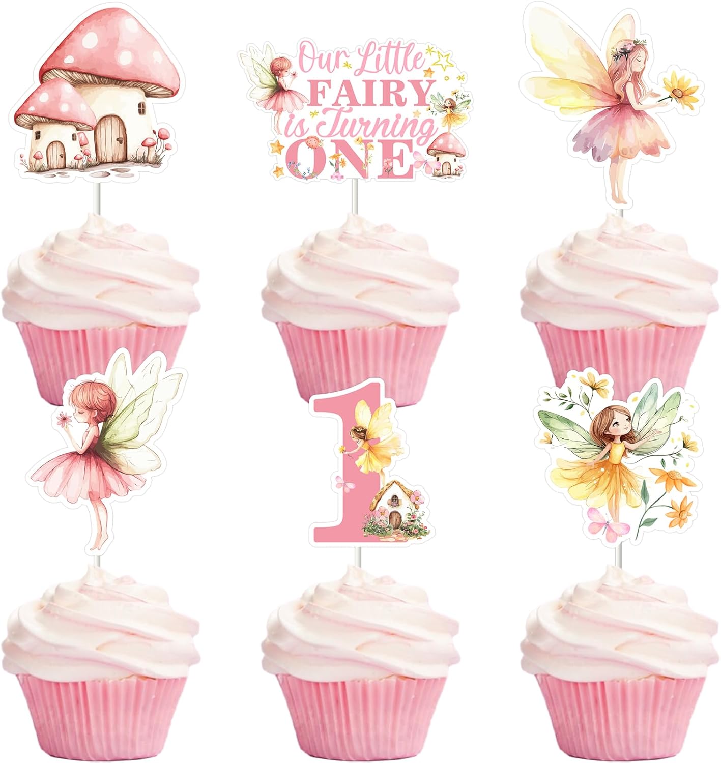 36Pcs Fairy 1st Birthday Cupcake Toppers, Our Little Fairy Is Turning One Floral Garden Theme Cupcake Picks Cake Decorations First Bday Supplies for Girls