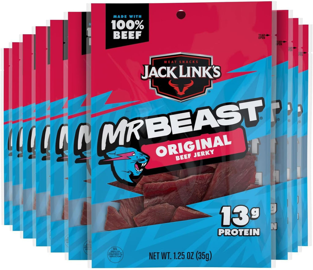 Jack Link's x MrBeast Original Beef Jerky - (10 Pack) 1.25 oz Bags - Ready to Eat Protein Snacks - 13g Protein per Serving - Made with 100% Real Beef