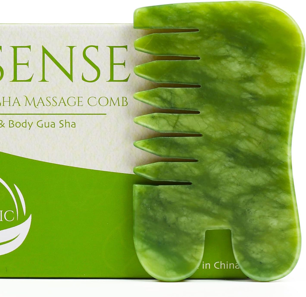 Gua Sha Comb Tool, Natural Green Jade Stone Scalp Massage Comb, Facial GuaSha Tool for Lift and Puffiness, Jade Gua Sha Scraping Therapy Massager for Full Body Relax