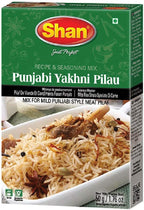 Shan Punjabi Yakhni Pilau Recipe and Seasoning Mix 1.76 oz (50g) - Spice Powder for Mild Punjabi Style Meat Pilaf - Suitable for Vegetarians - Airtight Bag in a Box
