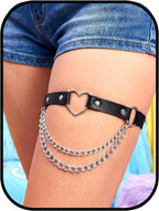 Heart Leg Garter with Chain, Black Adjustable Ring Garters, Punk Gothic Leather Thigh Belts for Women