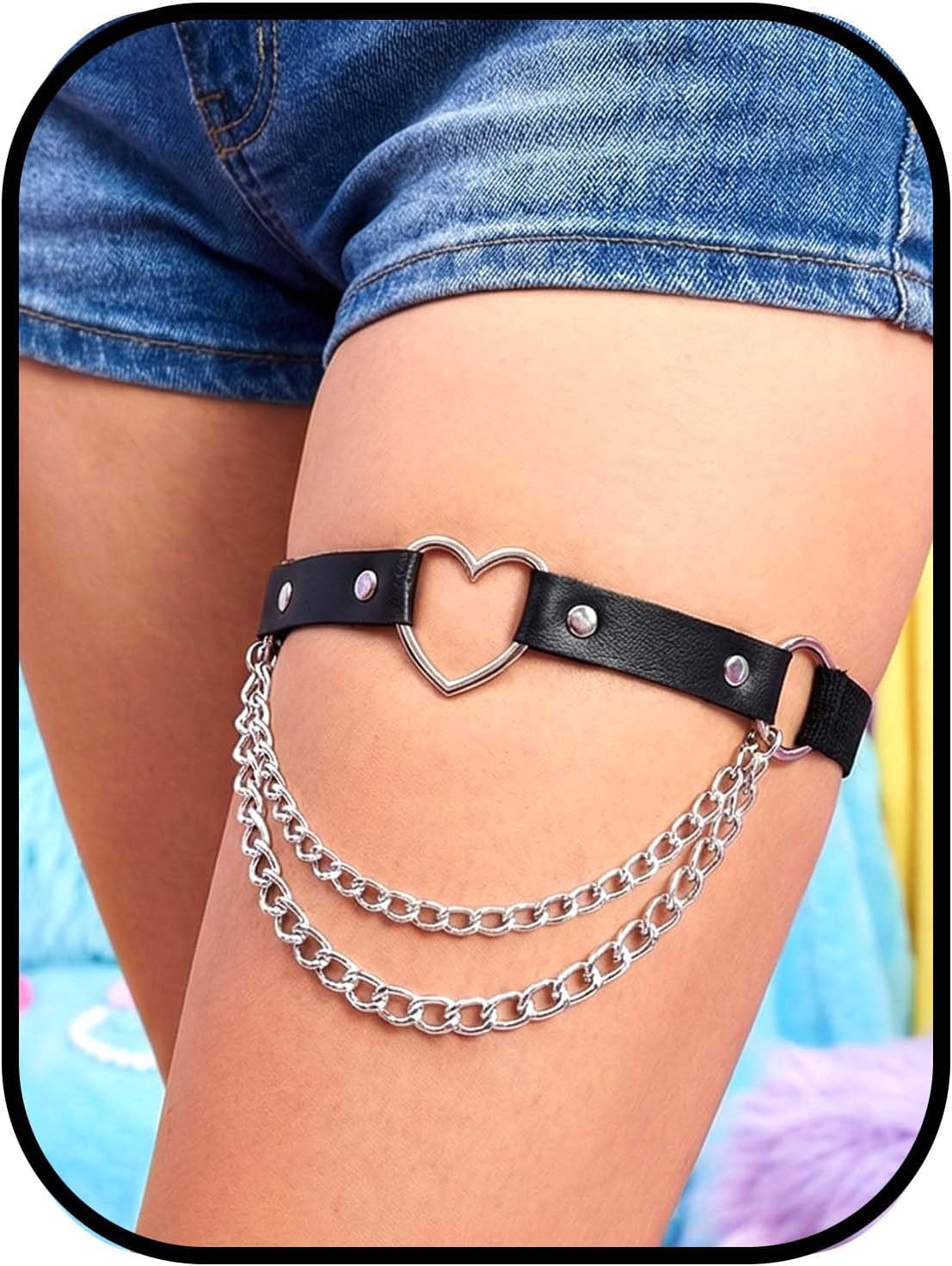 Heart Leg Garter with Chain, Black Adjustable Ring Garters, Punk Gothic Leather Thigh Belts for Women
