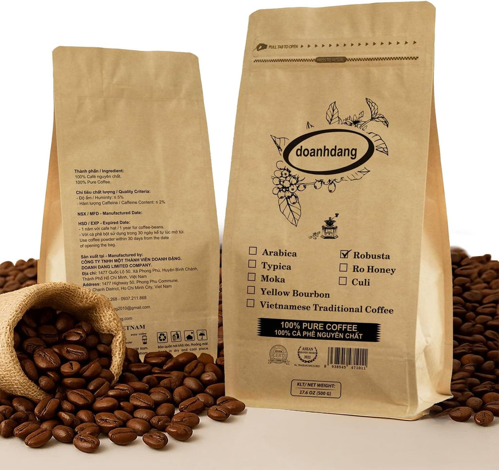 doanhdang - 17.6 Oz Premium Robusta Whole Bean Coffee, 100% Robusta Medium Roast, Rich Flavor for Espresso Shot and Brew, Origin from Vietnam, Whole Med Roast Beans