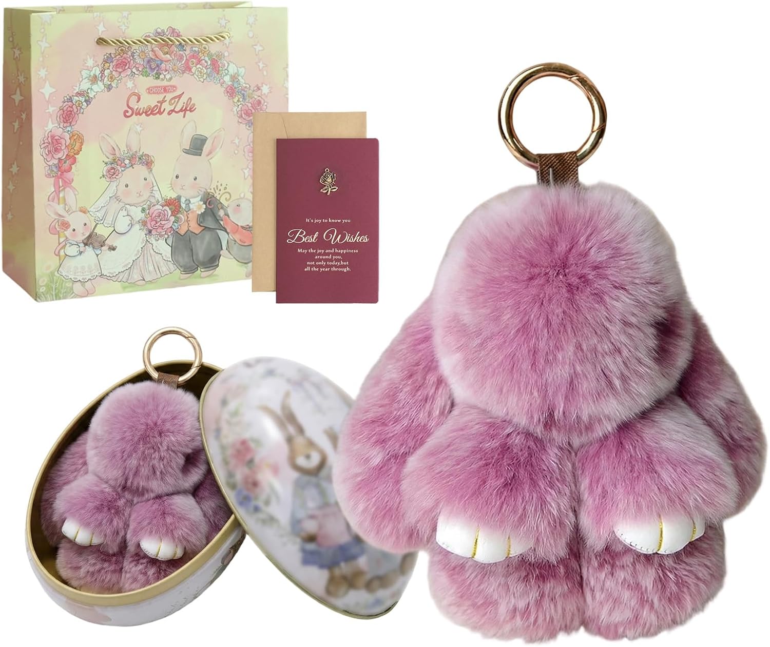 Bunny Keychain with Tin – Handmade Soft Plush Bunny Charm for Keys, Bags & Backpacks, Fluffy Bunny Keychain Plush Gift