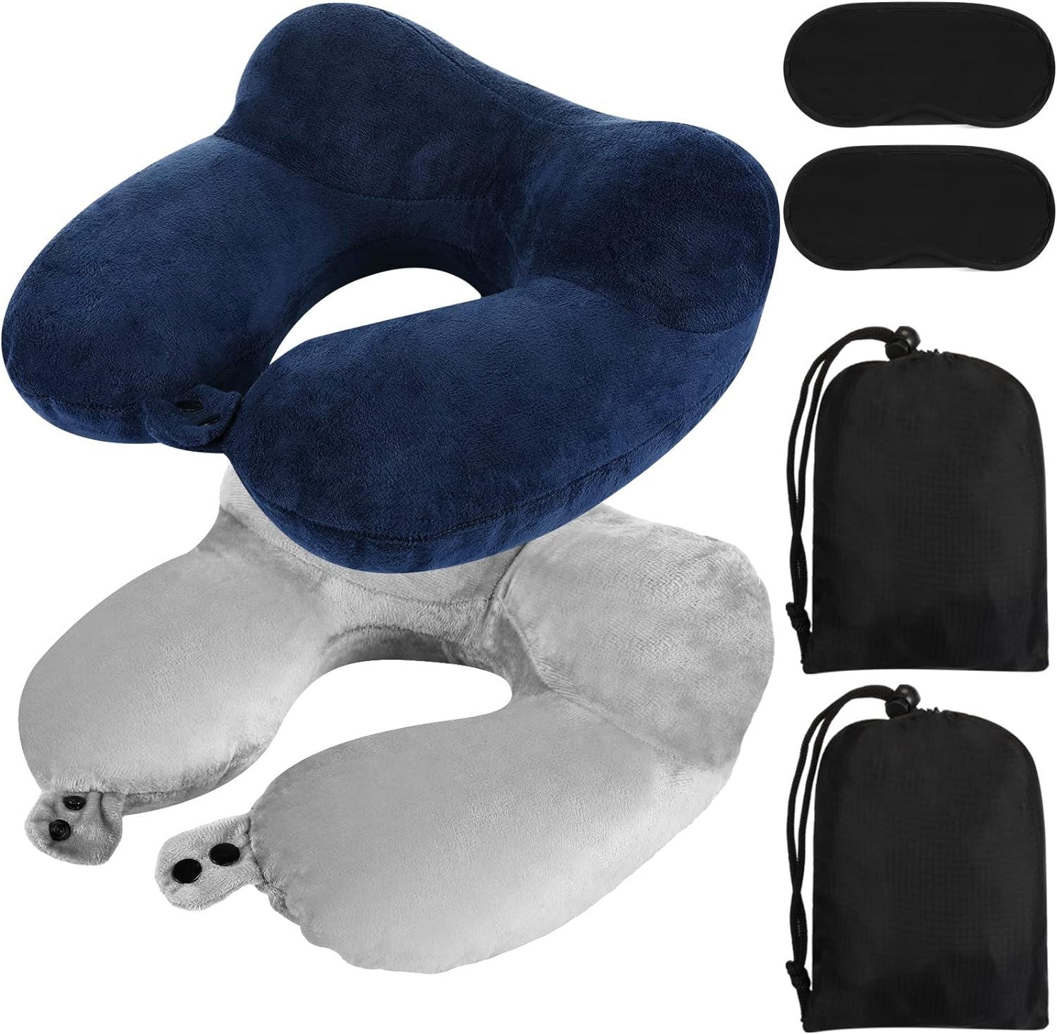Sintuff 2 Pack Inflatable Travel Pillow for Airplanes Inflatable Neck Flight Pillows with Compact Bag and Blindfold for Traveling, Airplane, Train, Car, Office (Light Gray and Dark Blue)