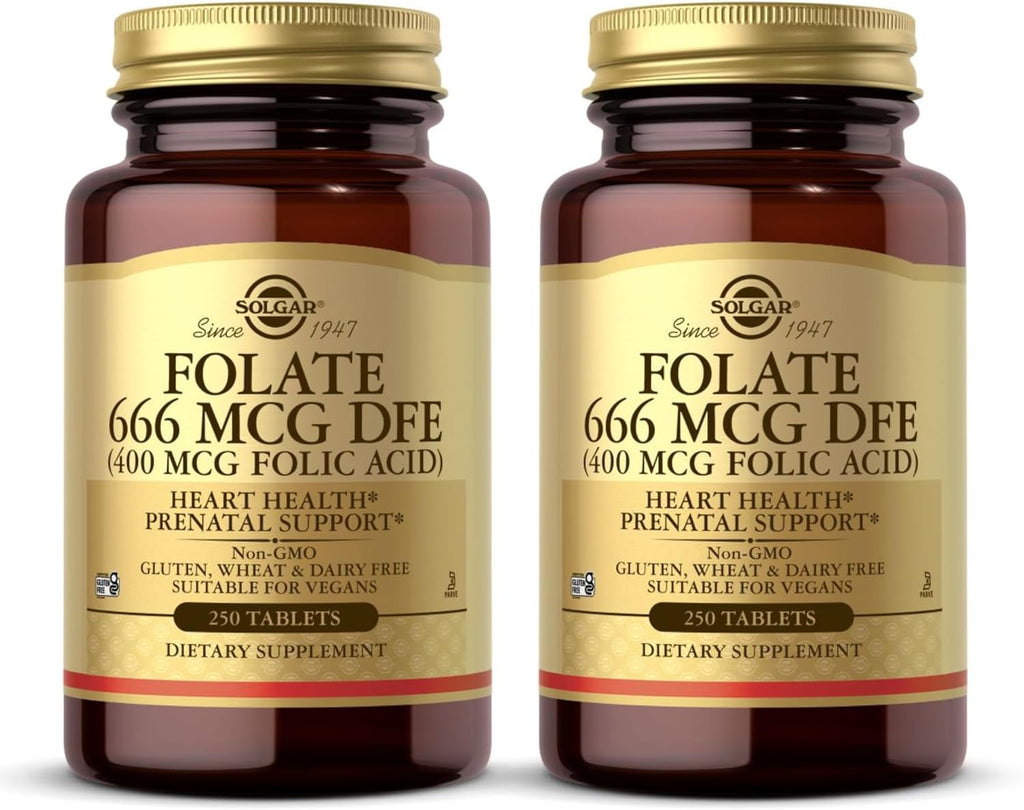 Solgar Folate 666 mcg DFE (Folic Acid 400 mcg) - 250 Tablets, Pack of 2 - Prenatal Support - Non-GMO, Vegan, Gluten Free, Dairy Free, Kosher, Halal - 500 Total Servings