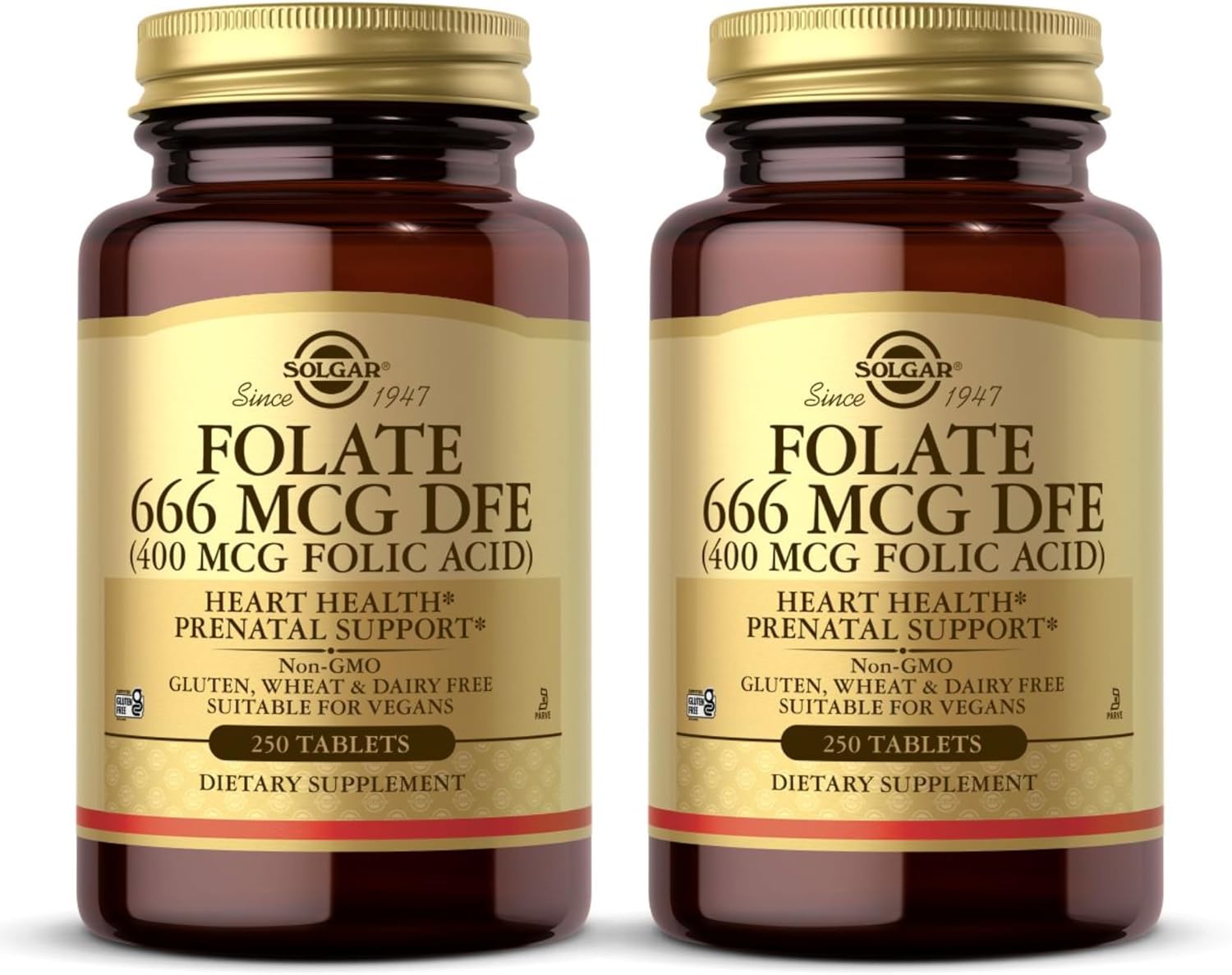 Solgar Folate 666 mcg DFE (Folic Acid 400 mcg) - 250 Tablets, Pack of 2 - Prenatal Support - Non-GMO, Vegan, Gluten Free, Dairy Free, Kosher, Halal - 500 Total Servings