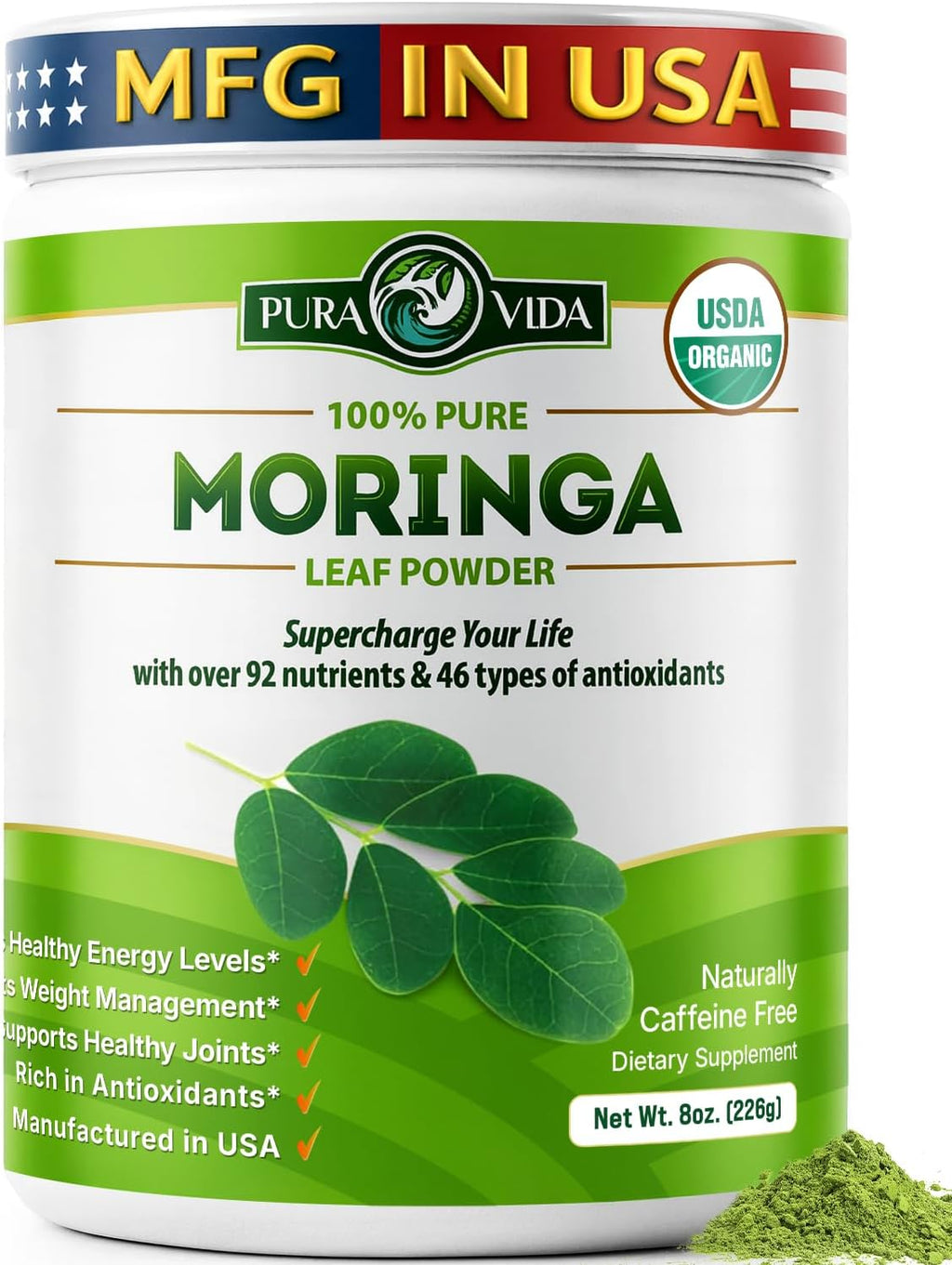 PURA VIDA MORINGA Organic Moringa Leaf Powder, Premium 100% Leaf Powder Single Origin - USDA Organic Moringa Oleifera, Perfect for Smoothies & Recipes, 8 oz