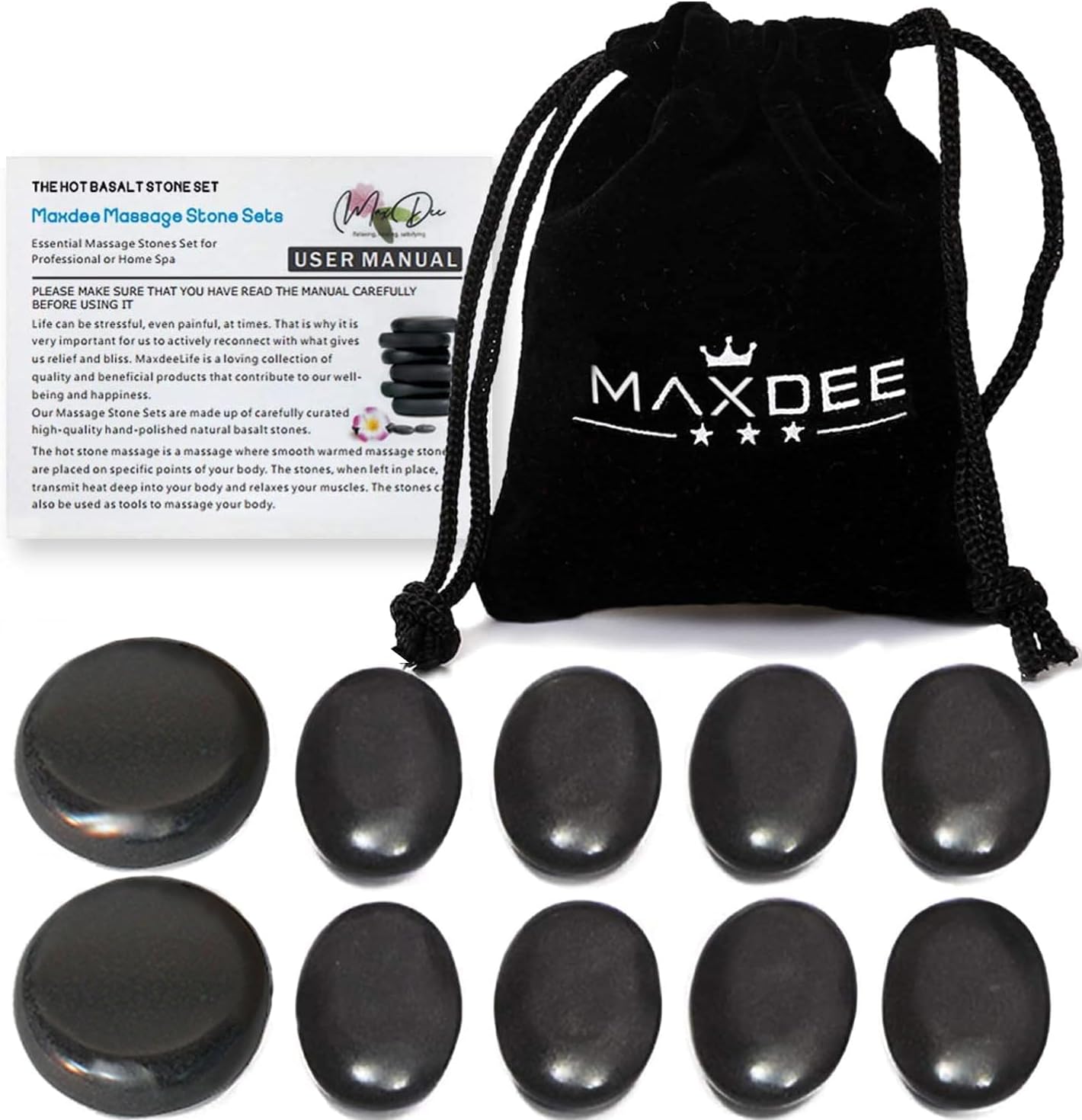 Maxdee Hot Stones Massage Set: 10 Small Hot Massage Stones for Professional or Home Spa Use, Ideal for Relaxation, Pain Relief, and Healing, 1.6"