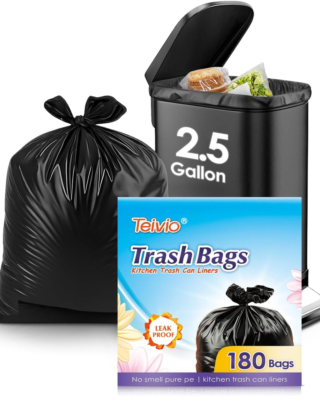 Teivio 2.5 Gallon 180 Counts Small Trash Bags Garbage Bags, Bathroom Trash Can Bin Liners, Small Plastic Bags for home office kitchen, Black