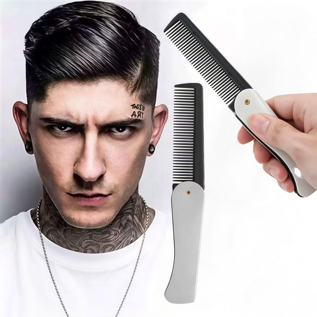 2Pcs Stainless Steel Folding Comb, Heavy-Duty Metal Pocket Comb for Men, Beard & Hair Grooming, Anti-Static Detangling Comb with Travel Cover, Portable Styling Tool Set
