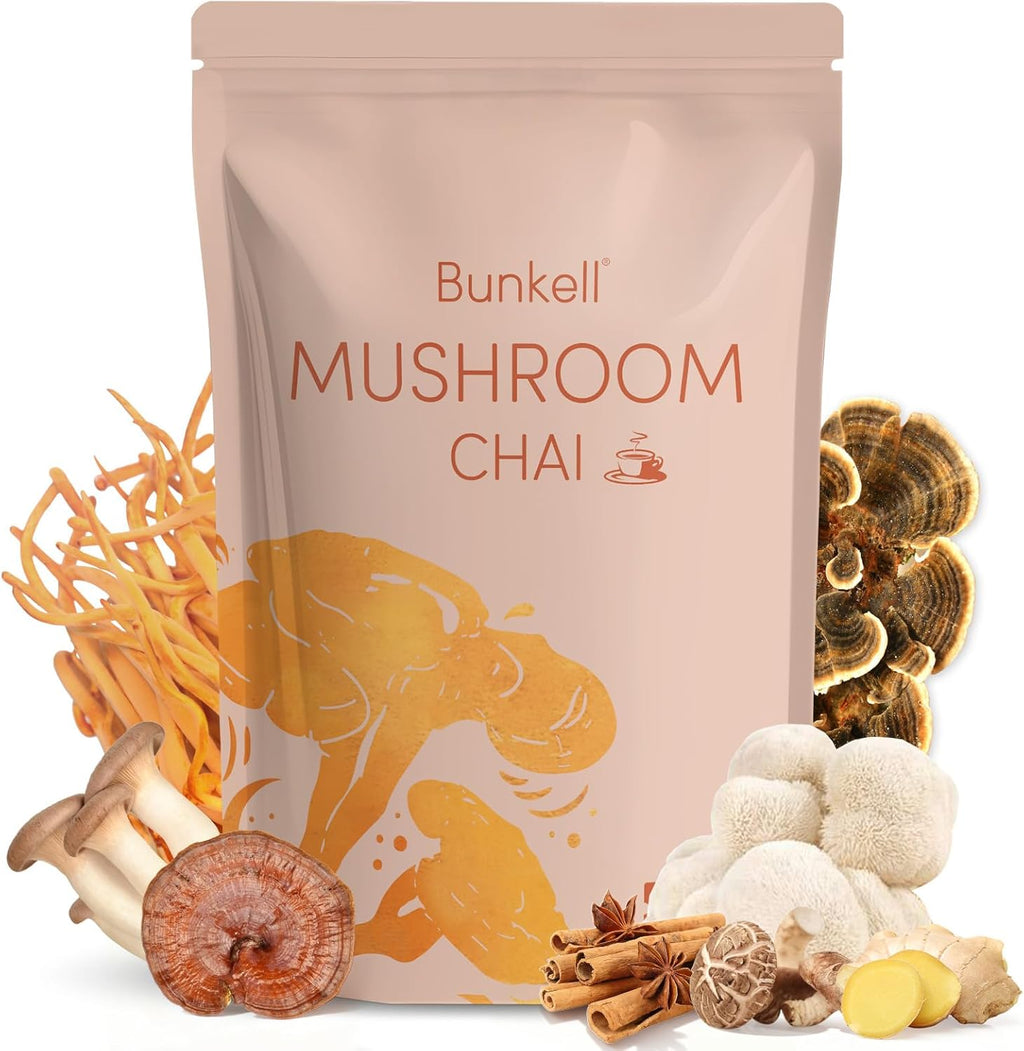Bunkell Mushroom Chai, Adaptogenic 6 Mushrooms with Lion's Mane, Reishi, Cordyceps, Shiitake, King Trumpet & Turkey Tail, Chai Powder for Energy, Focus, Digestion & Immune Support, 20 Servings 1 Pack