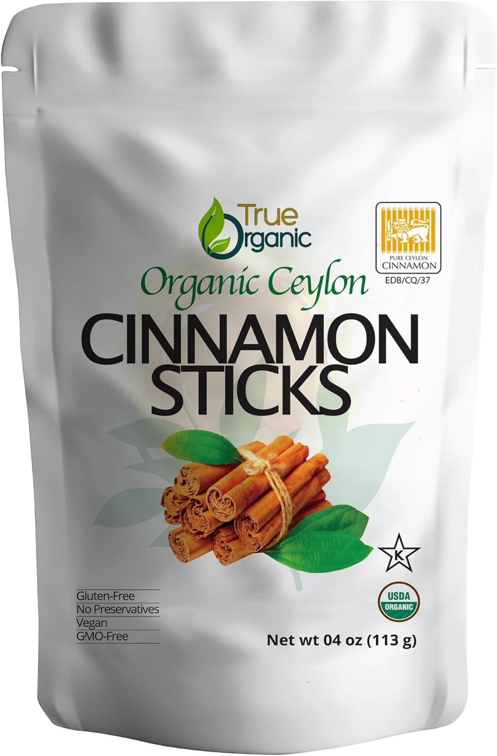 True Organic Ceylon Cinnamon Sticks, 04 Ounces, USDA Organic & Kosher Certified, Non-GMO, Ceylon Cinnamon Stick, Pure Ceylon Quality.
