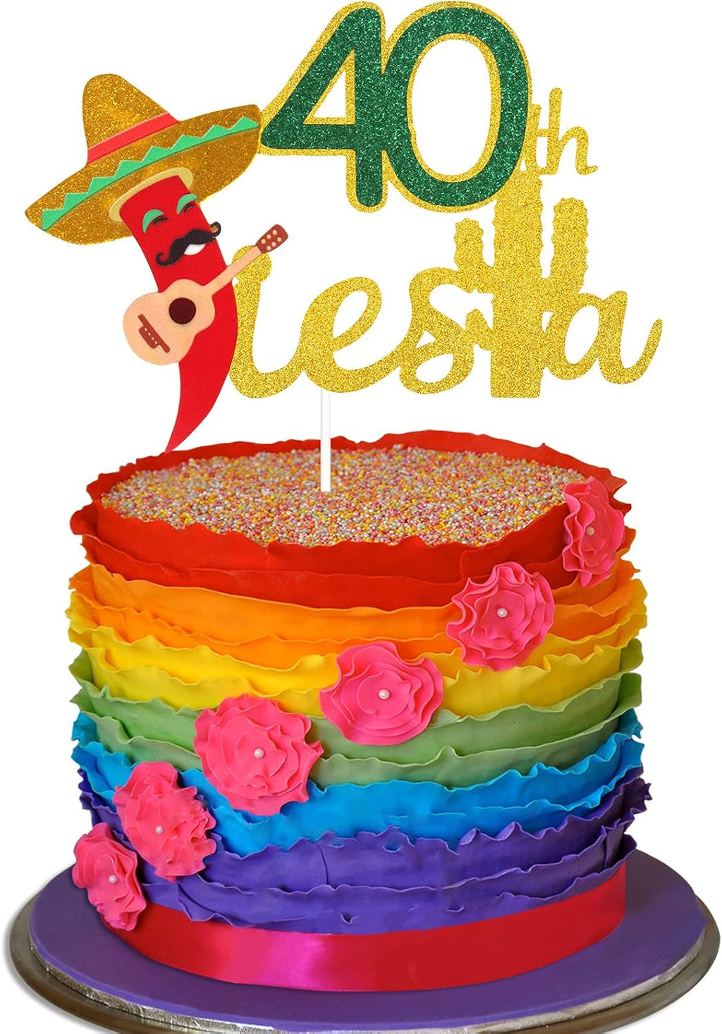 Fiesta 40th Birthday Cake Topper - Taco Bout 40 Birthday Party Glitter Chili Cake Supplies - Fabulous Forty - Mexican Summer Fiesta Party Decoration