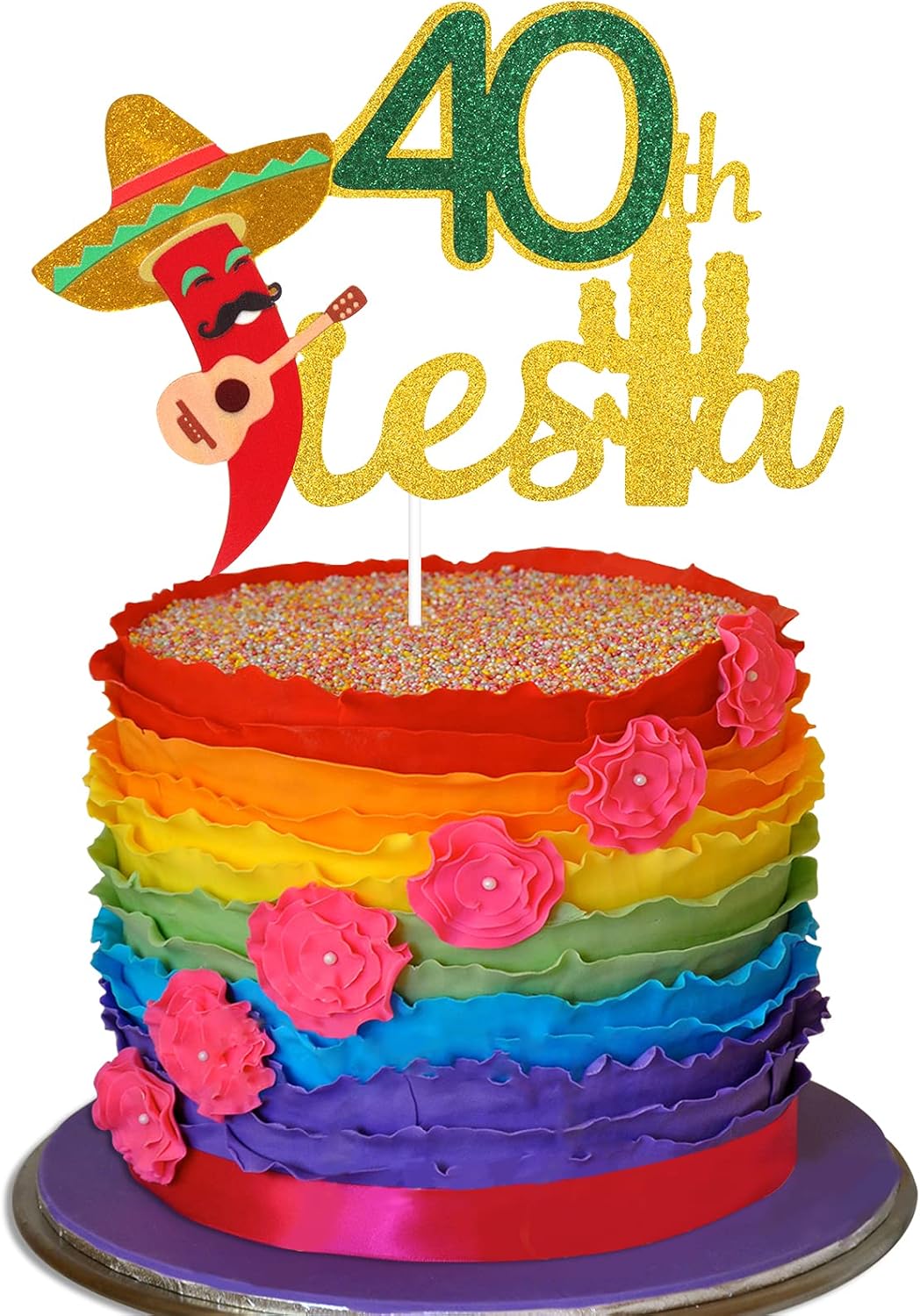 Fiesta 40th Birthday Cake Topper - Taco Bout 40 Birthday Party Glitter Chili Cake Supplies - Fabulous Forty - Mexican Summer Fiesta Party Decoration