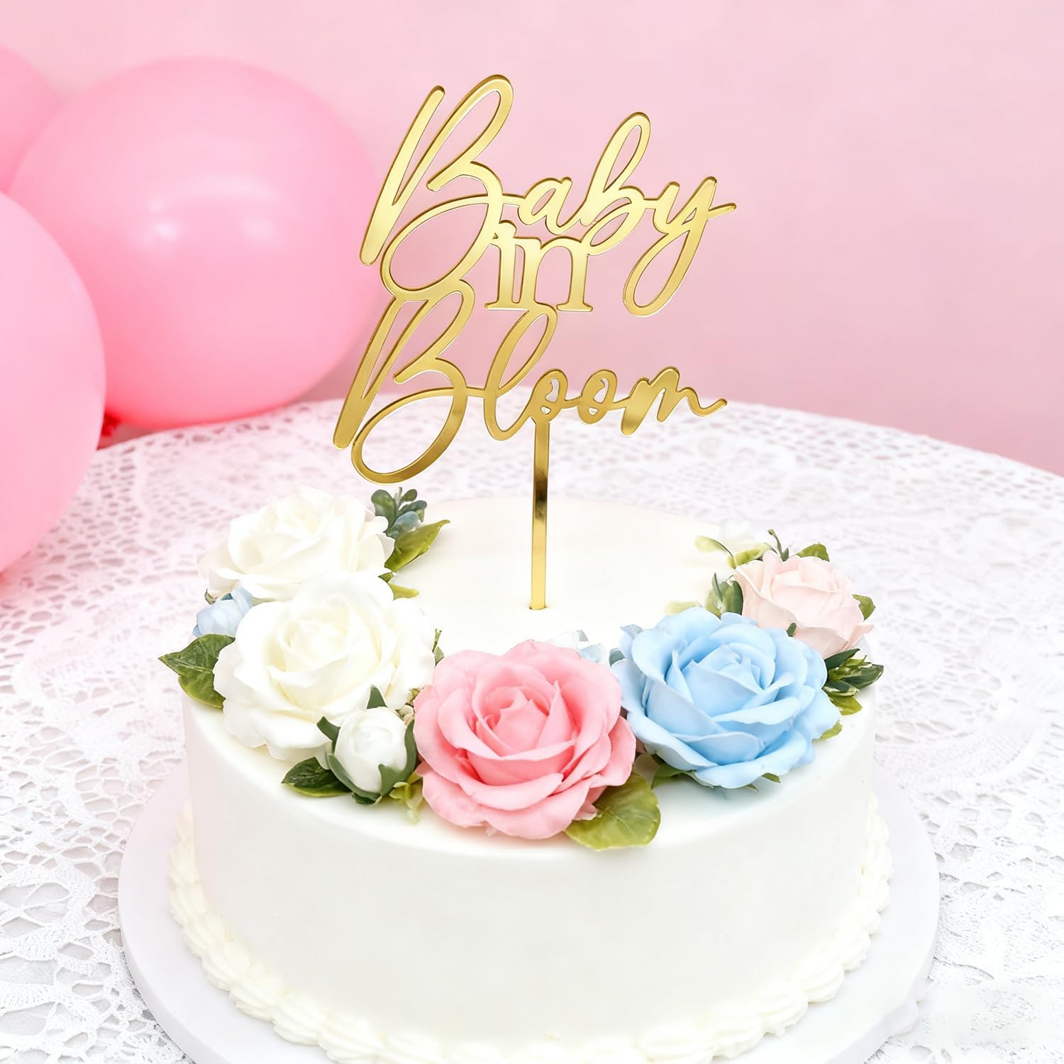 Gold Baby in Bloom Cake Topper, Baby Shower Cake Decoration, Pregnancy Reveal, Acrylic Gender Reaveal Cake Decor, Birth Announcement, Custom/Welcome Baby Party Cake Topper