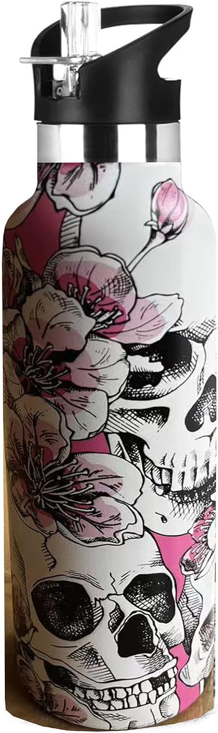 Skull Sport Water Bottle with Straw, Vacuum Insulated Stainless Steel Thermal Drinking Travel Mug Cups For Gym Fitness Camping-20oz/600ml