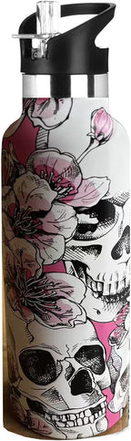 Skull Sport Water Bottle with Straw, Vacuum Insulated Stainless Steel Thermal Drinking Travel Mug Cups For Gym Fitness Camping-20oz/600ml