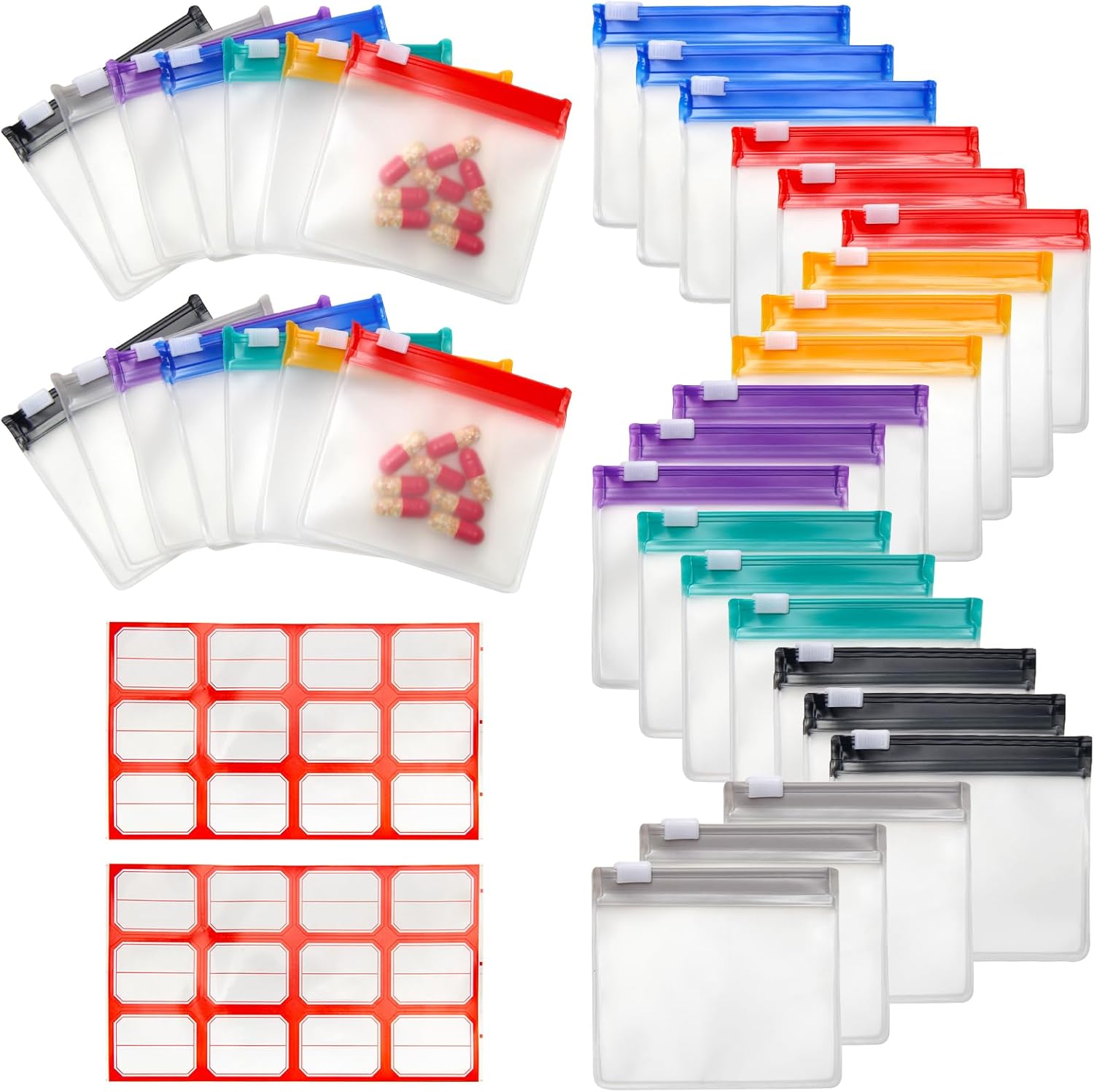 35+2 Pcs Pill Pouch Bags Zippered Pill Pouch Set with 2 Sheets Label, 7 Colors Pill Pouches for Medicine Travel Reusable Small Plastic Pill Bags for Travel/Home Daily use